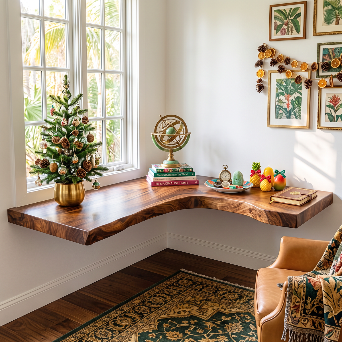 Live Edge Solid Wood Floating Desk with L Shaped Corner Design