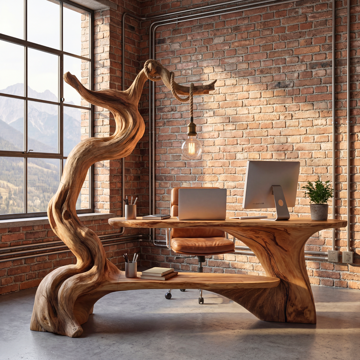 Sculptural Solid Wood Desk with Integrated Hanging Lamp and Shelf, Artistic Reading Nook Furniture