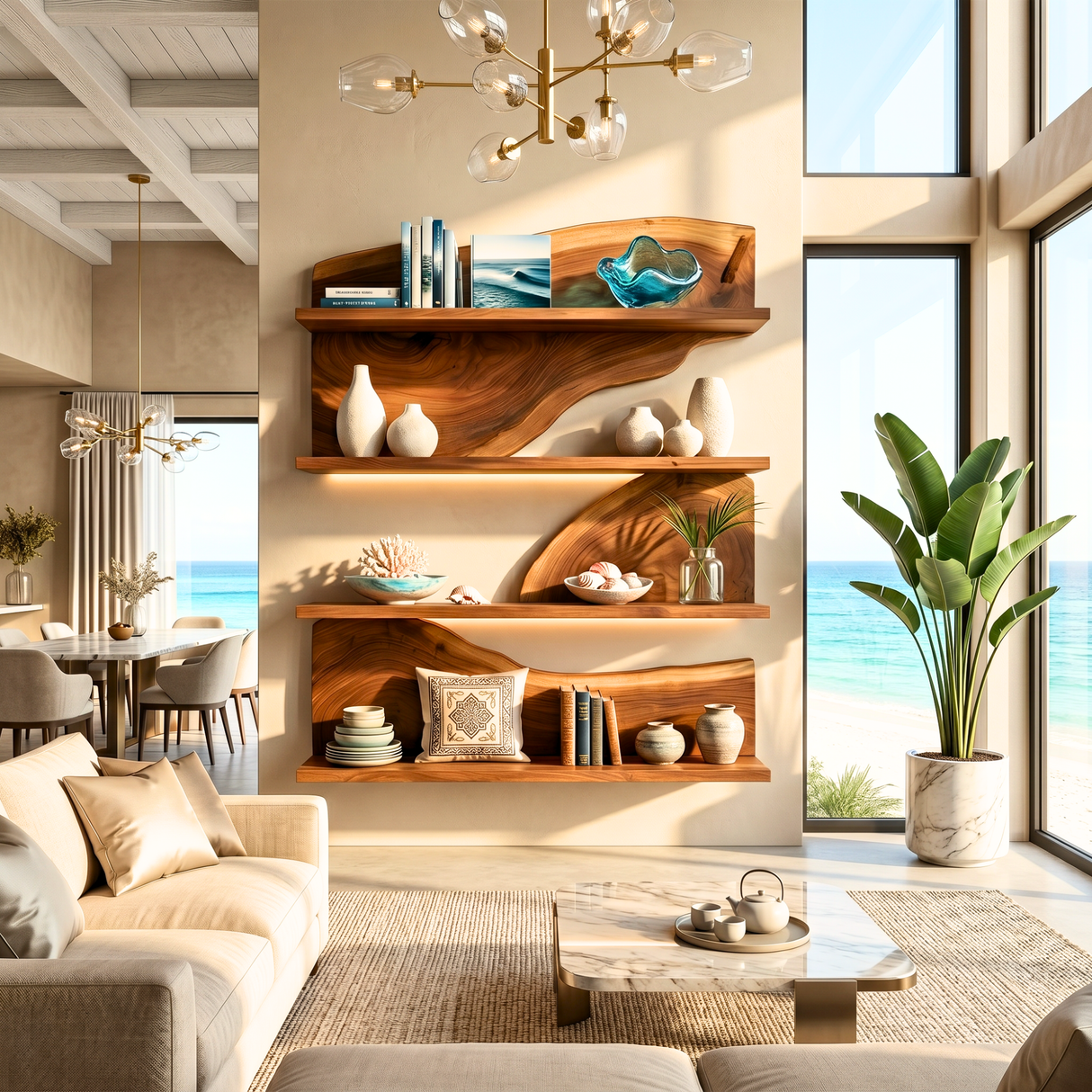 Modern Floating Wooden Shelves Sculptural Wall Mounted Shelf Set