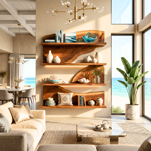 Modern Floating Wooden Shelves Sculptural Wall Mounted Shelf Set