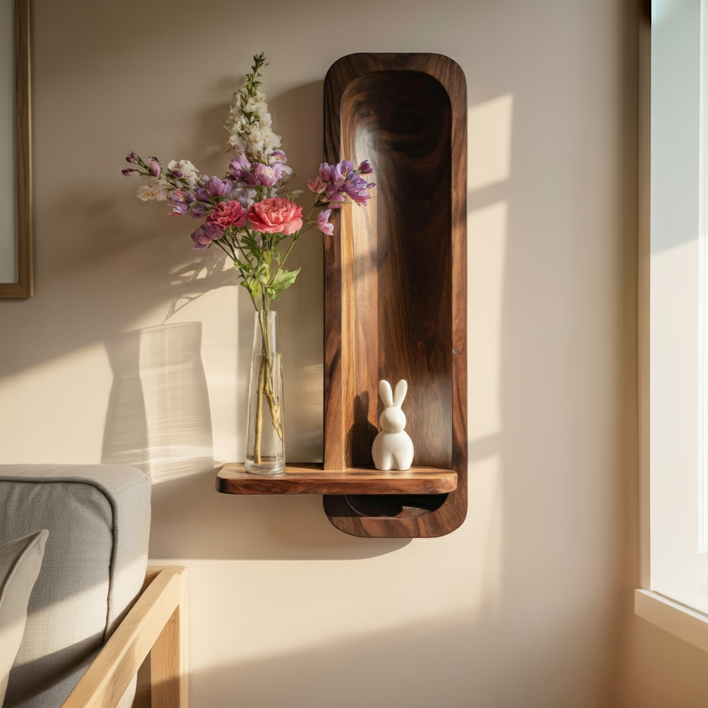 Minimalist Solid Wood Wall Niche Shelf with Sculpted Back Panel