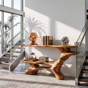 Artistic Solid Wood Console Table with Tiered Shelves and Flowing Branch Base