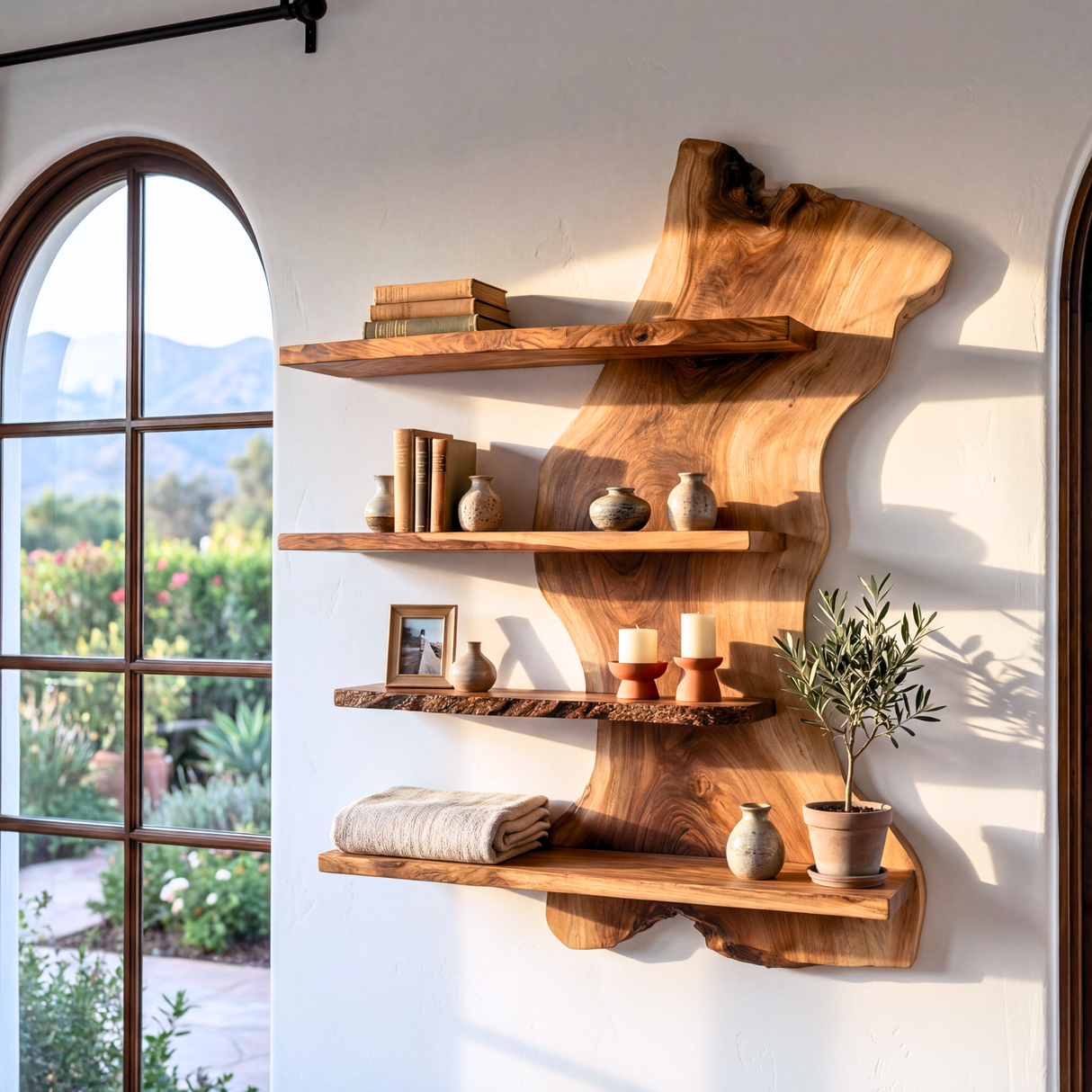 Organic Live Edge Solid Wood Wall Shelf Floating Multi Tier Display for Modern Interior