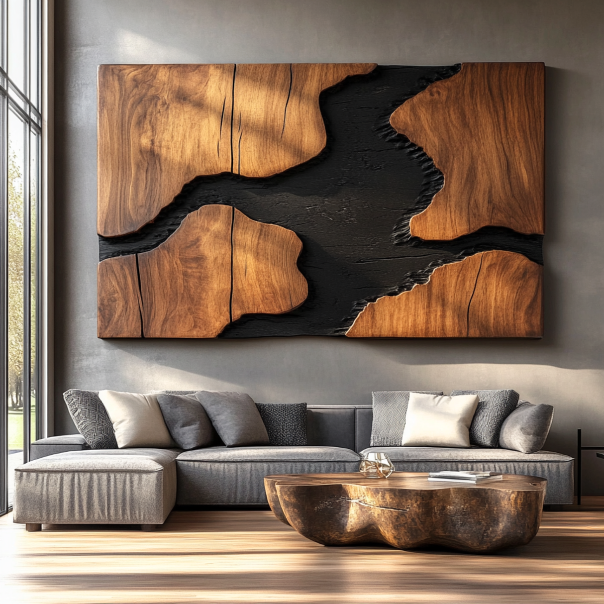 Sculptural Wood Wall Art Panel with Black River Form
