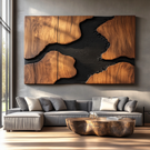 Sculptural Wood Wall Art Panel with Black River Form