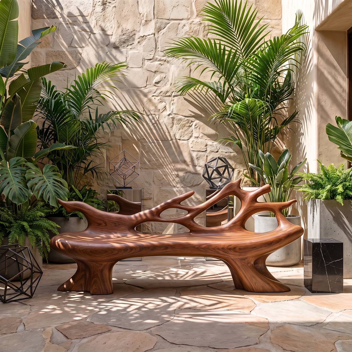 Sculptural Outdoor Solid Wood Bench with Flowing Branch Backrest