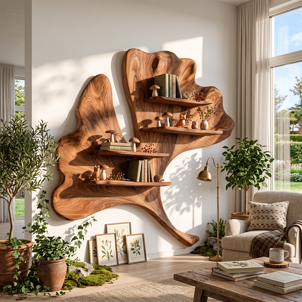 Ginkgo Leaf Solid Wood Wall Shelf with Sculptural Floating Shelves
