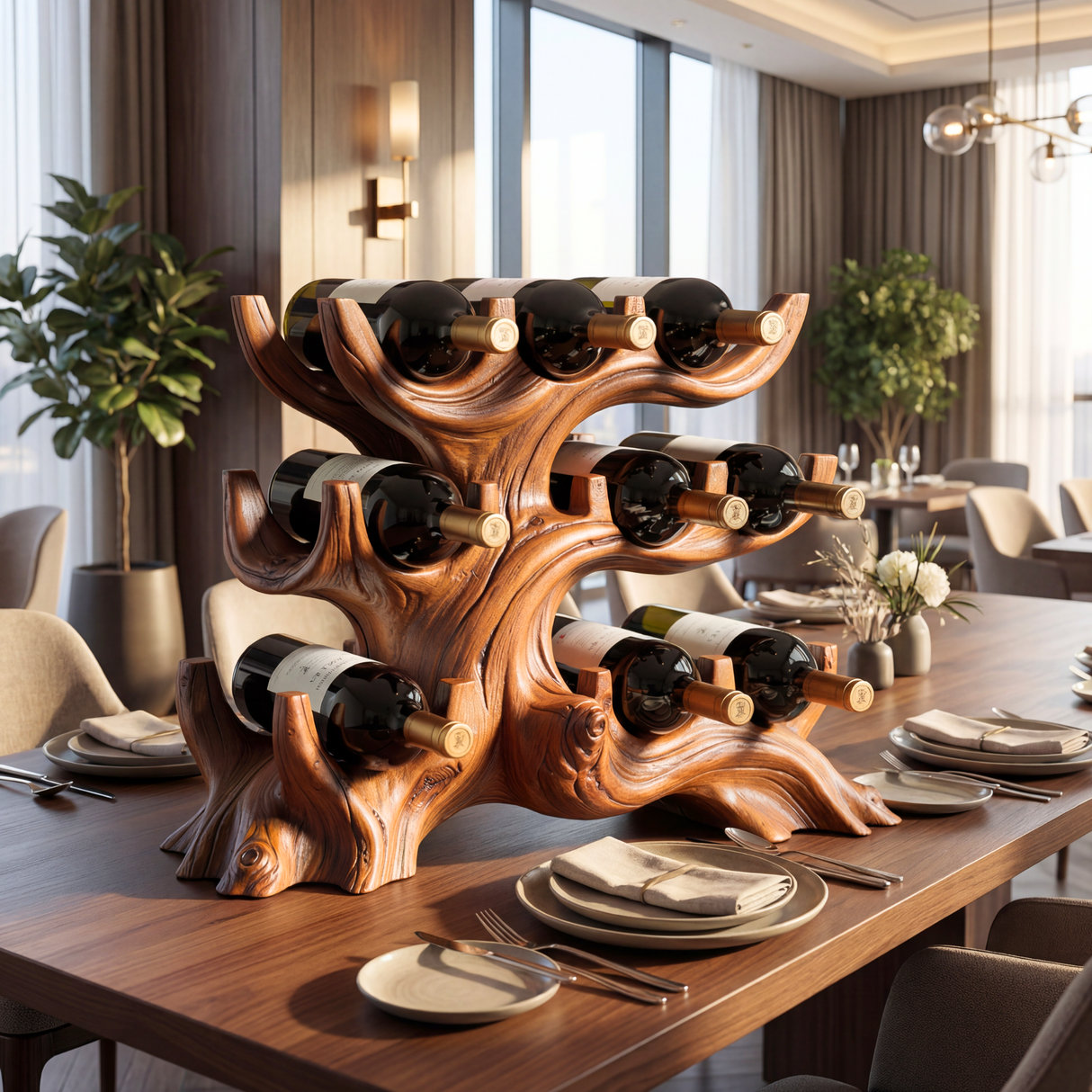 Organic Sculptural Solid Wood Wine Rack Tree Form Multi Tier Bottle Holder