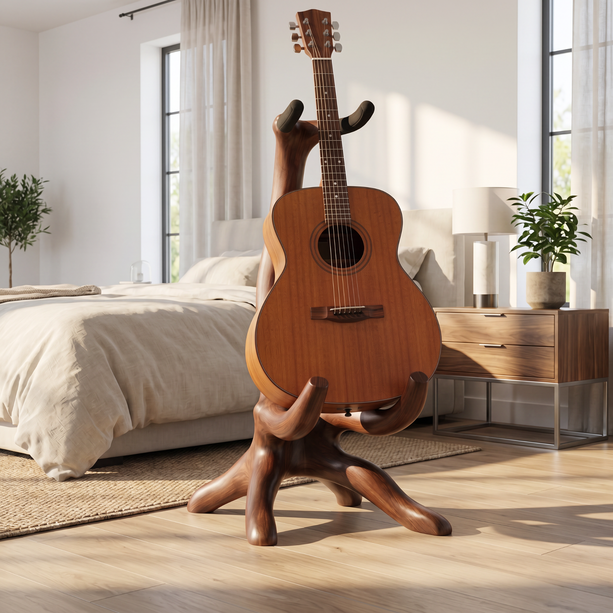 Sculptural Guitar Holder Handmade Wooden Instrument Stand