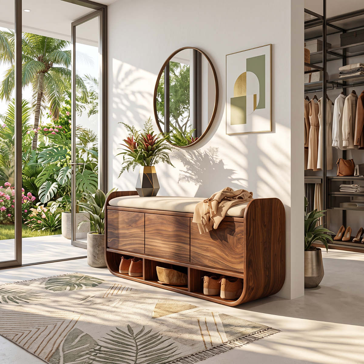 Organic Solid Wood Shoe Cabinet with Entryway Bench and Open Storage