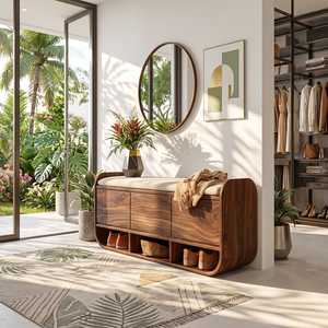 Organic Solid Wood Shoe Cabinet with Entryway Bench and Open Storage
