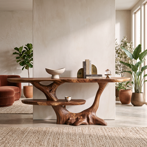 Sculptural Solid Wood Console Table with Organic Root Frame and Display Shelf