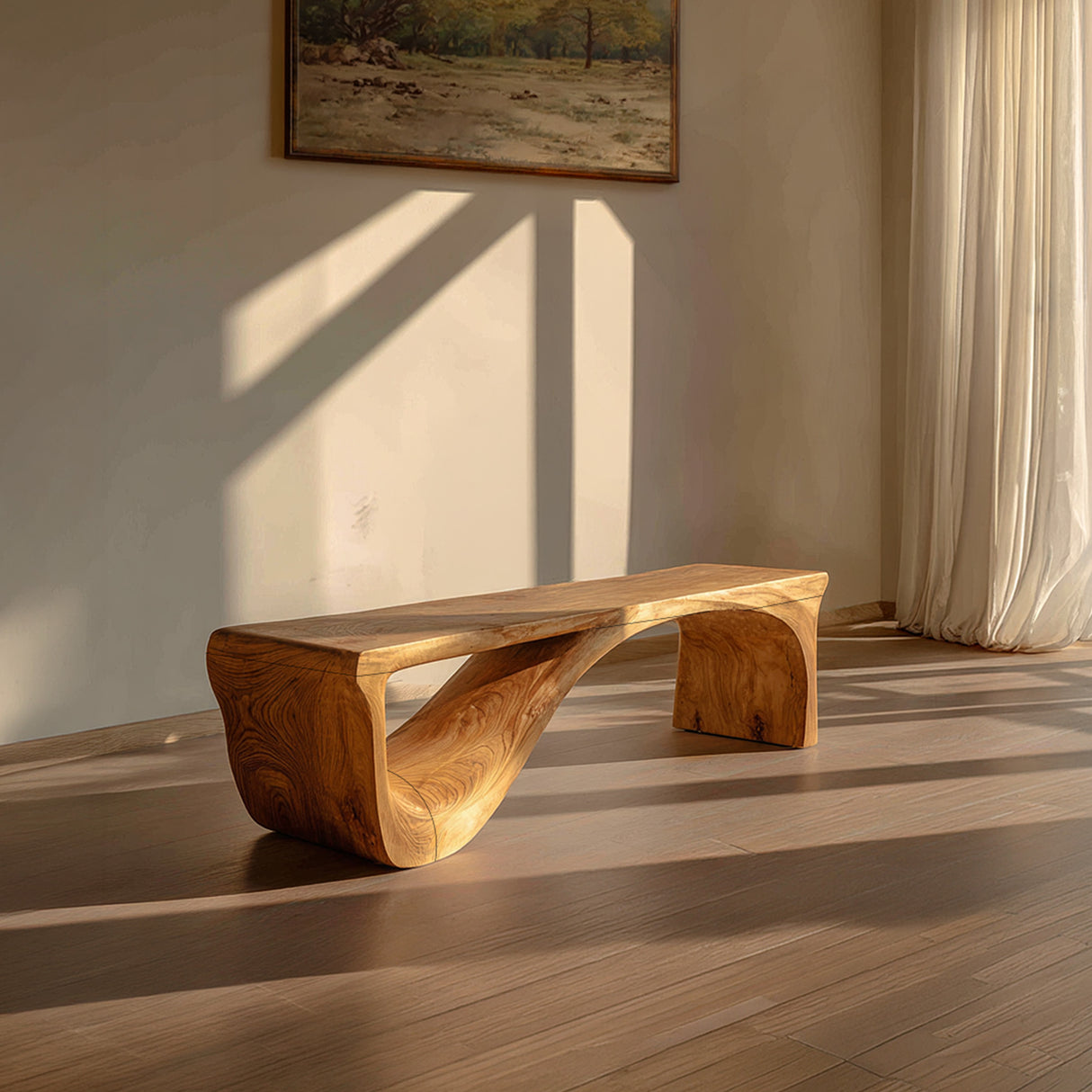 Handcrafted Organic Solid Wood Bench Sculptural Modern Minimalist Design