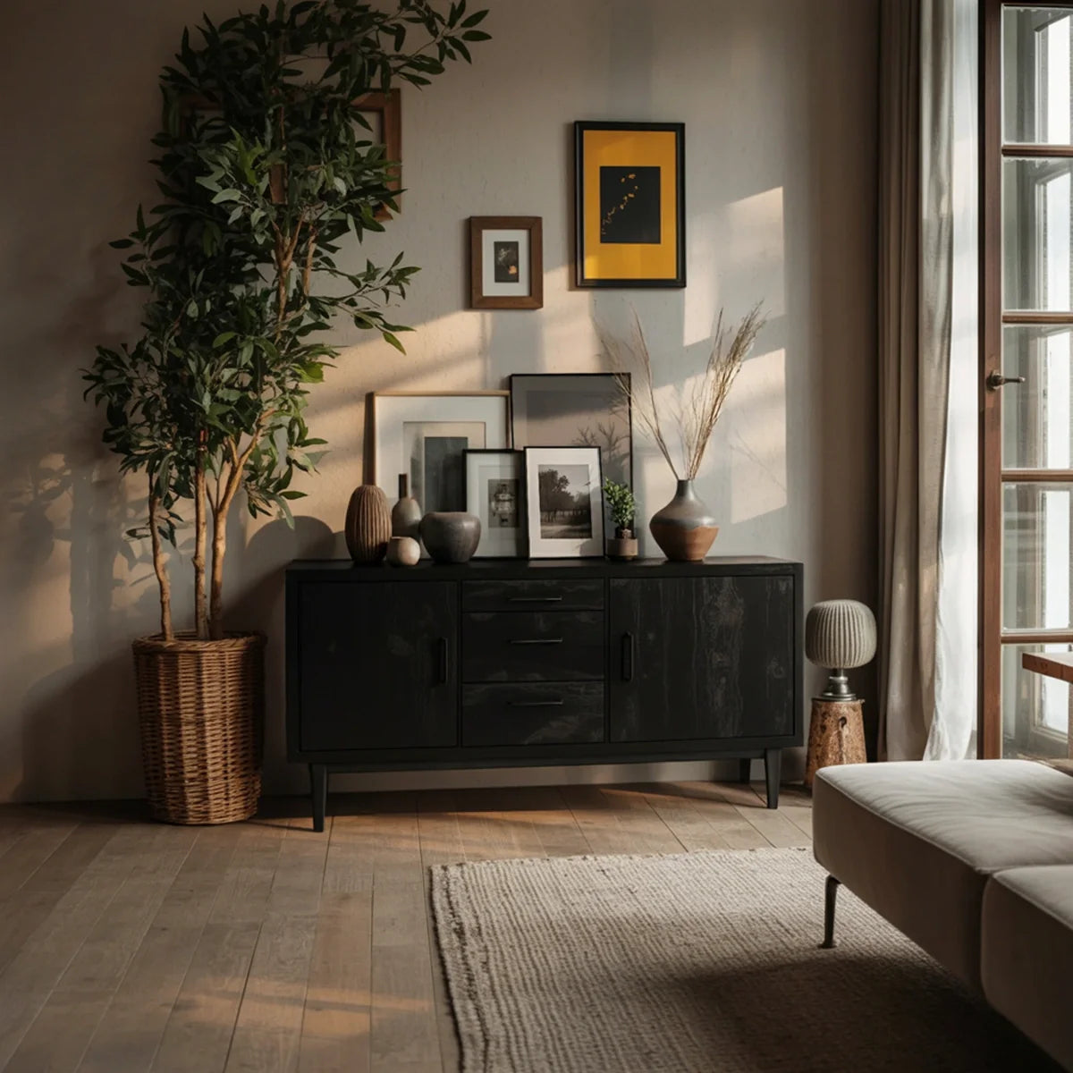 Solid Wood Storage Cabinet with Mixed Drawers and Modern Rustic Style