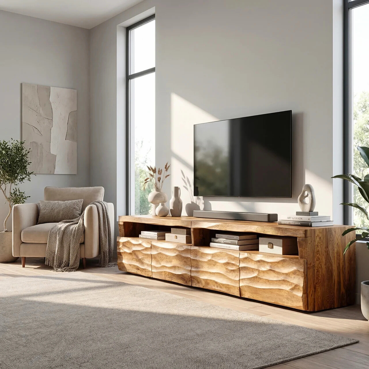 Sculptural Solid Wood TV Cabinet with Hand-Carved Wave Front