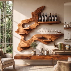 Asymmetrical Root Sculpture Solid Wood Wall Wine Rack with Display Shelves