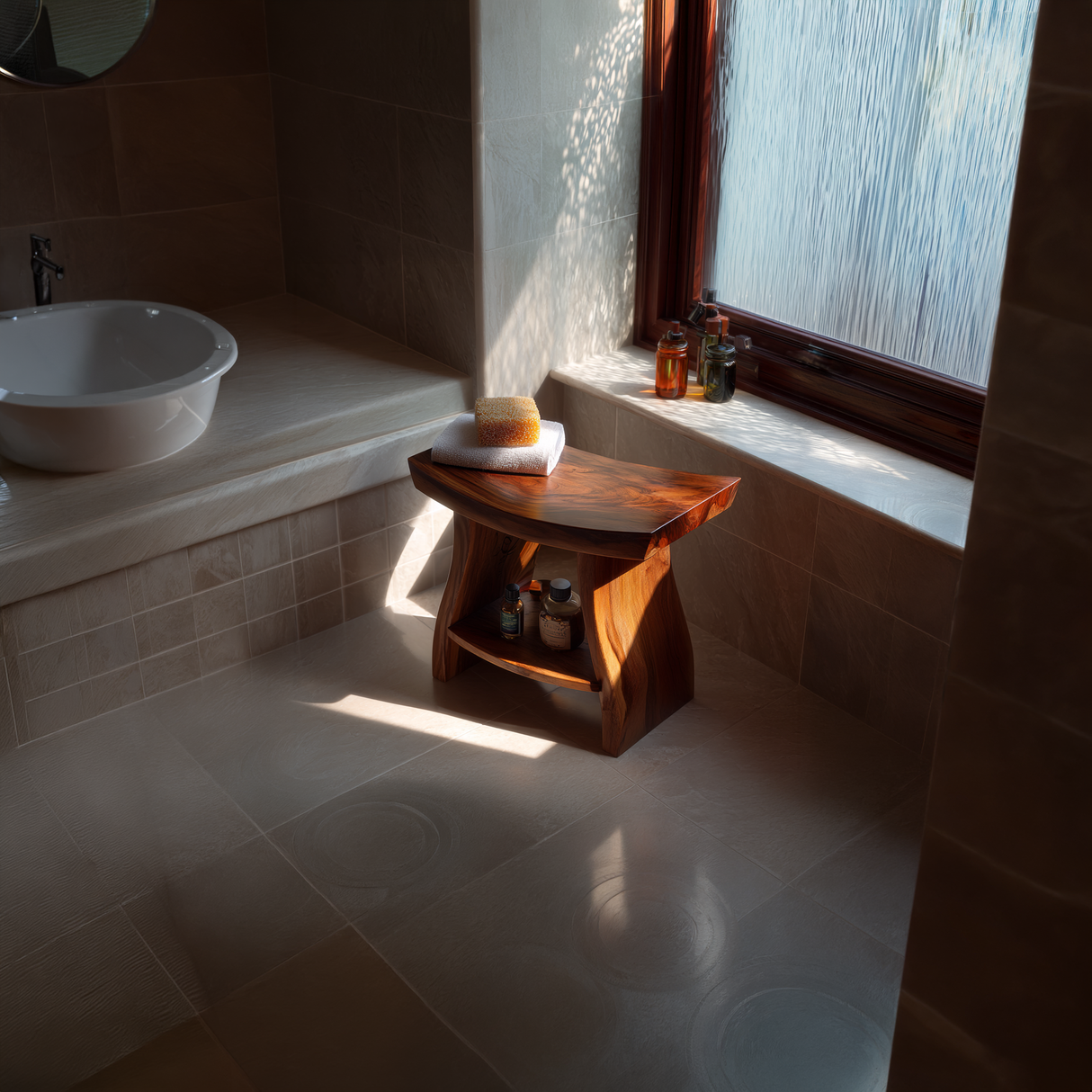 Solid Wood Bath Stool with Sculpted Top and Shelf