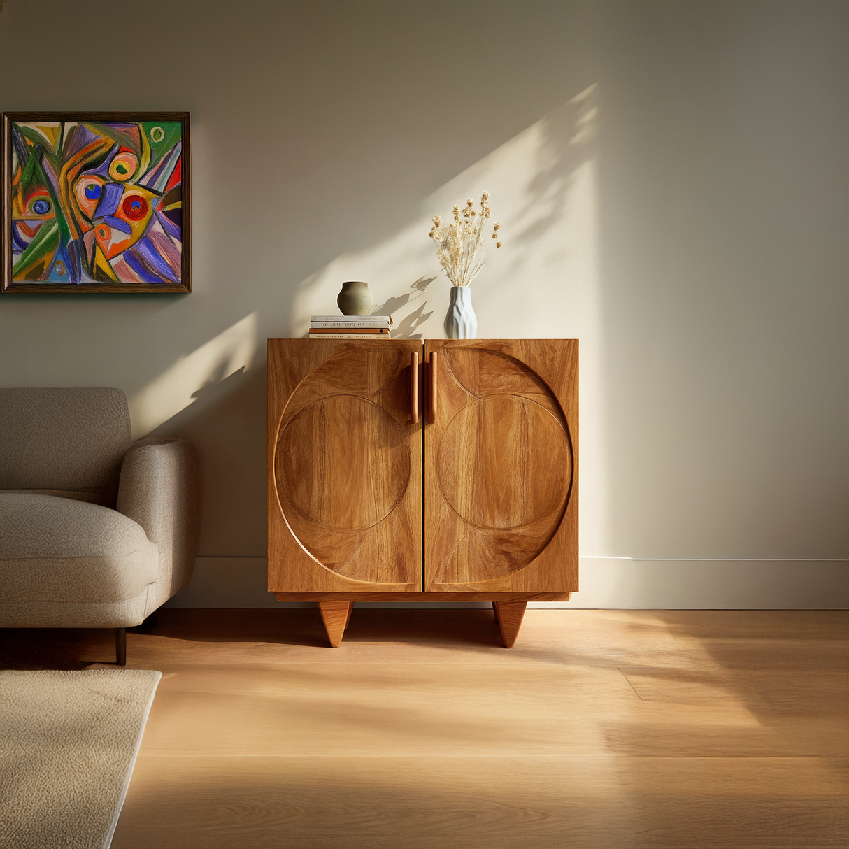 Mid Century Solid Wood Sideboard with Geometric Circle Carved Doors Modern Living Room Storage Cabinet