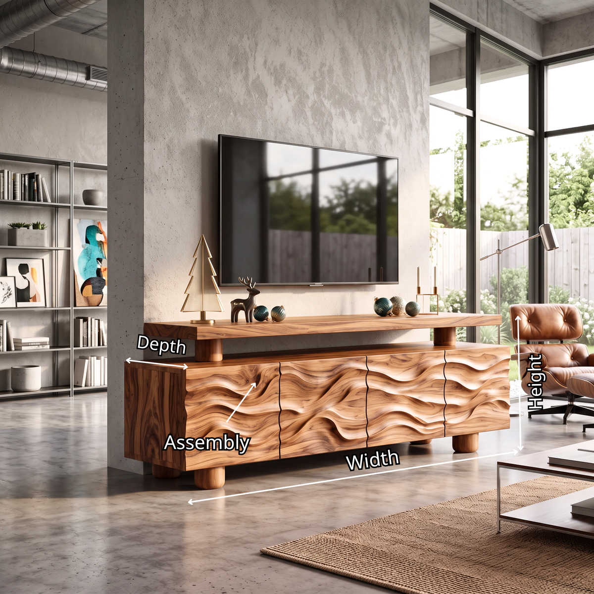TV Stand with Raised Floating Top and Hand Carved Wave Cabinet Doors