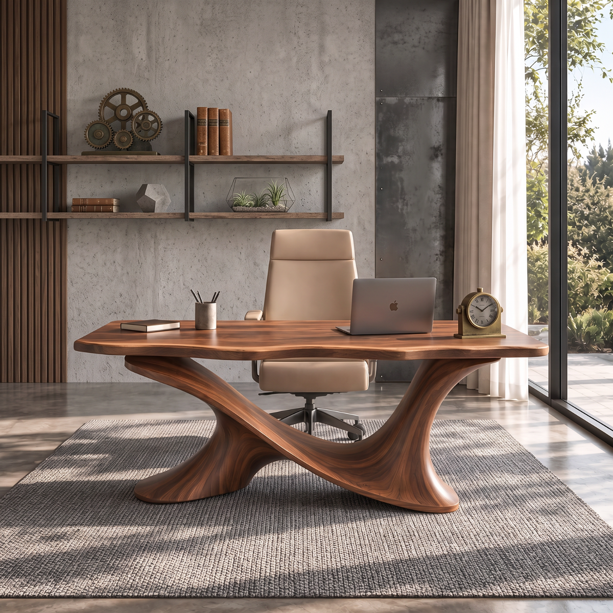 Live Edge Solid Wood Desk with Sculptural Double Curve Base