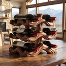 Sculptural Solid Wood Wine Rack with Flowing Wave Form Tiered Bottle Holder Tabletop Storage