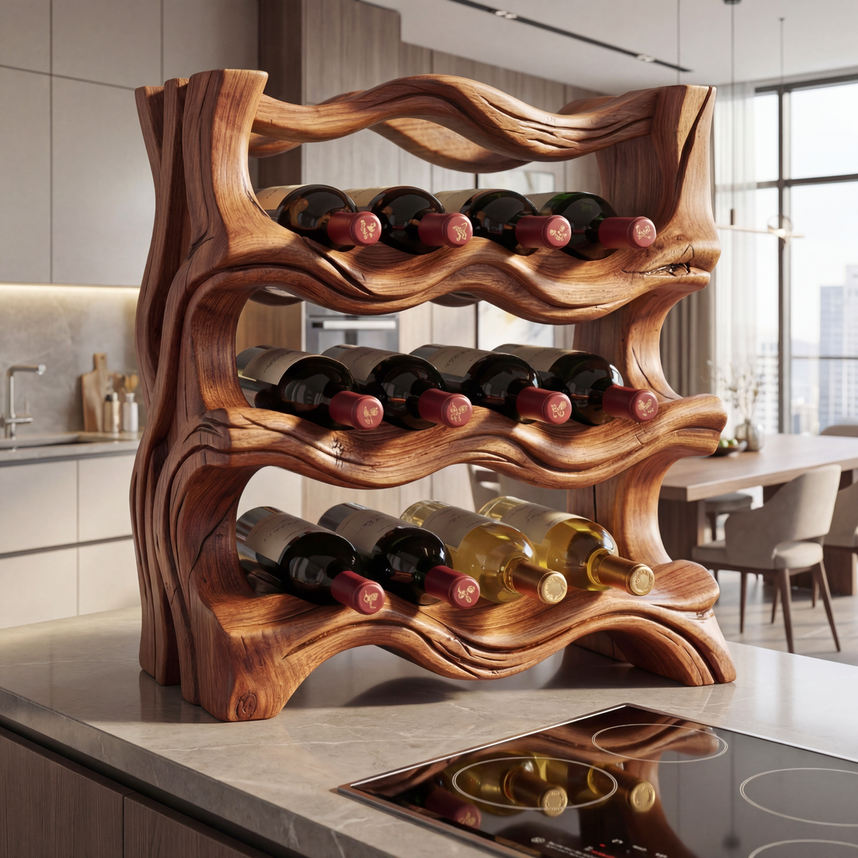 Organic Solid Wood Wine Rack Sculptural Multi Tier Bottle Holder for Countertop