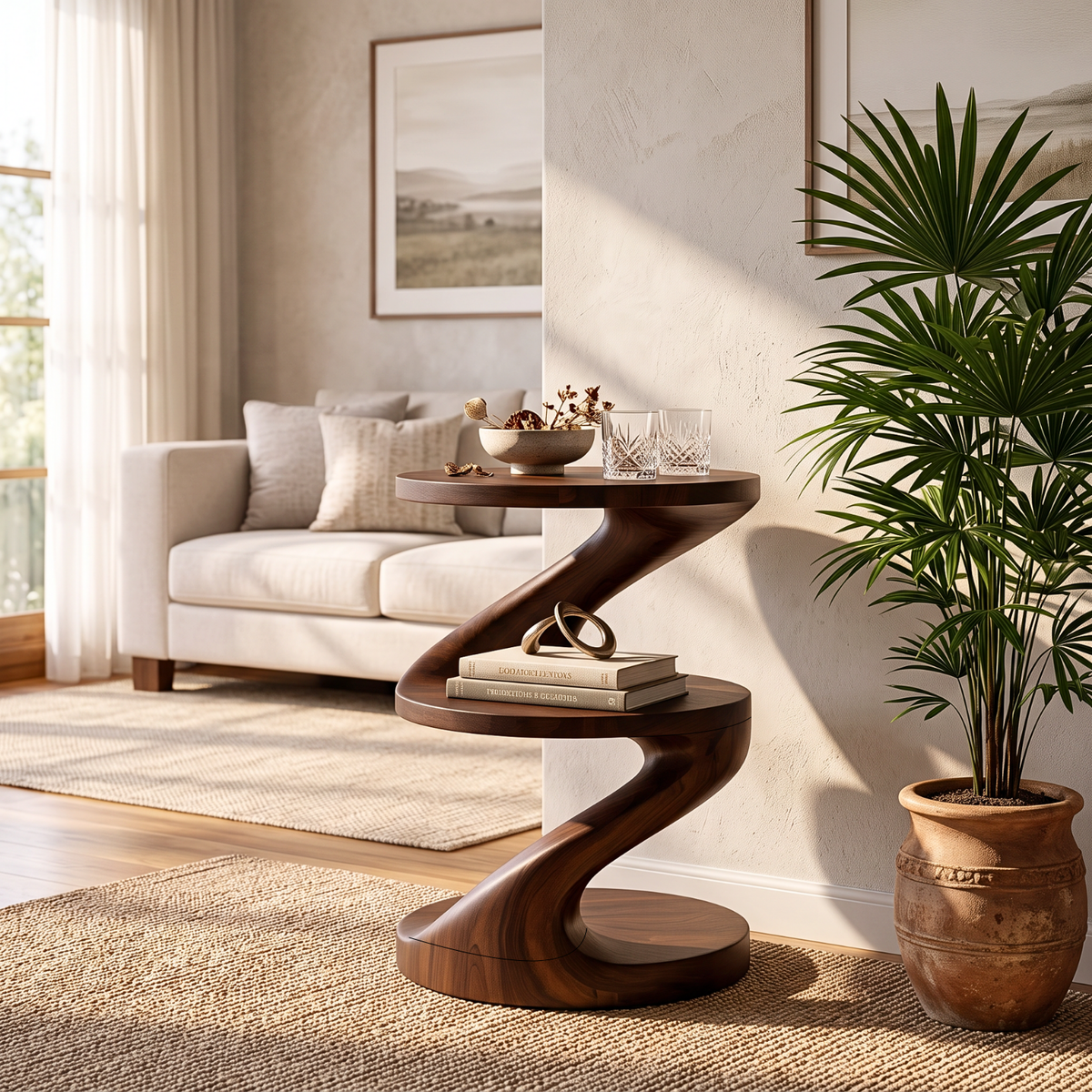 Handcrafted Solid Wood Side Table with Sculptural S Curve Design