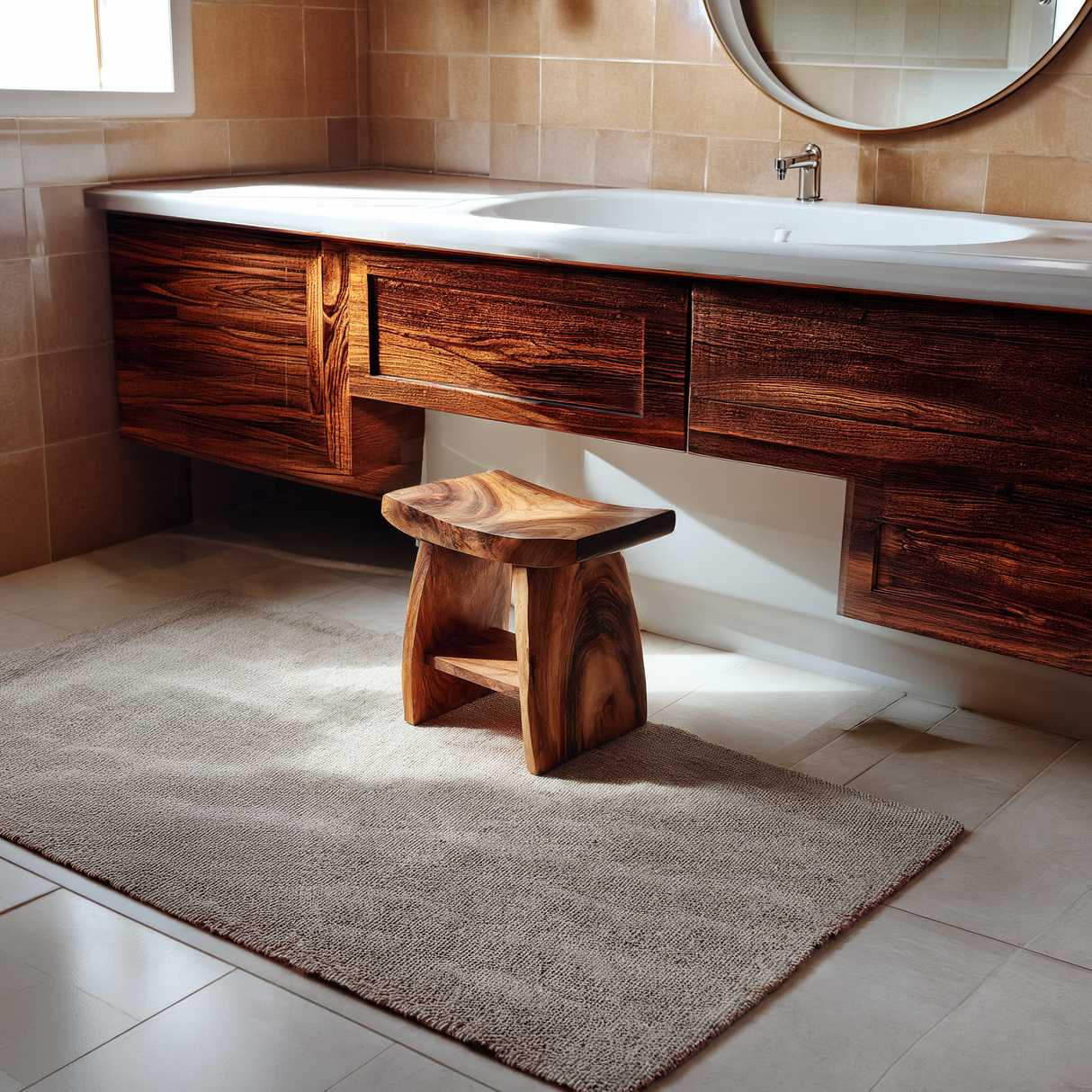 Solid Wood Vanity Stool with Sculpted Saddle Seat