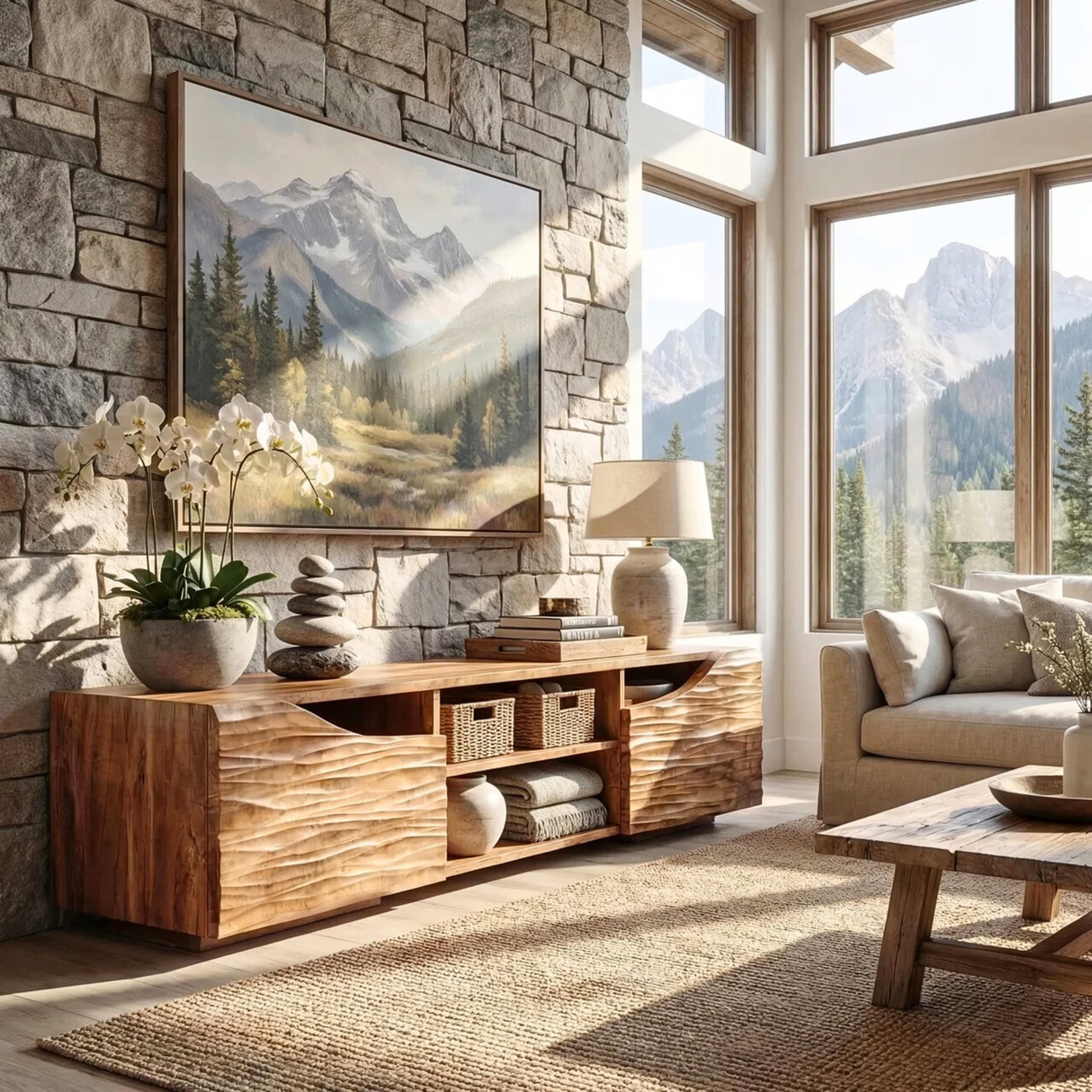 Sculptural Wood TV Cabinet with Carved Wave Doors for Modern Interiors
