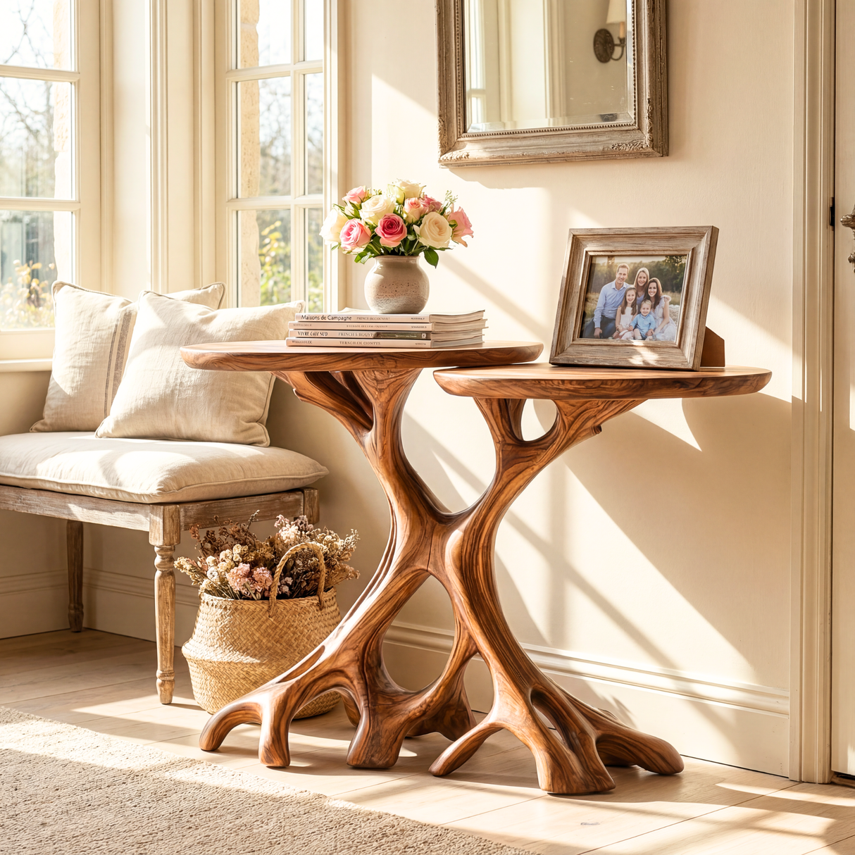 Twin Tree Root Side Tables Handmade Wooden Accent Set