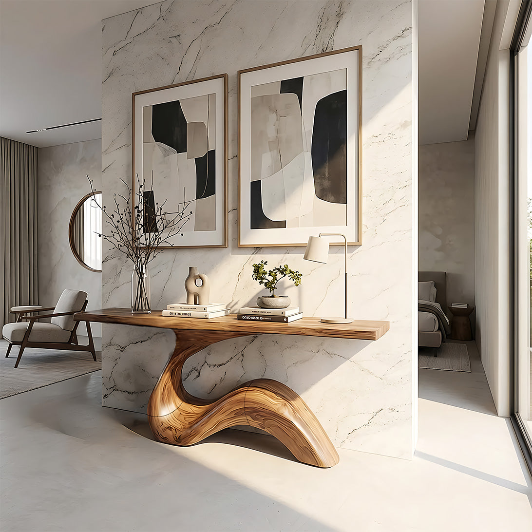 Handcrafted Solid Wood Wave Console Table with Sculpted Base