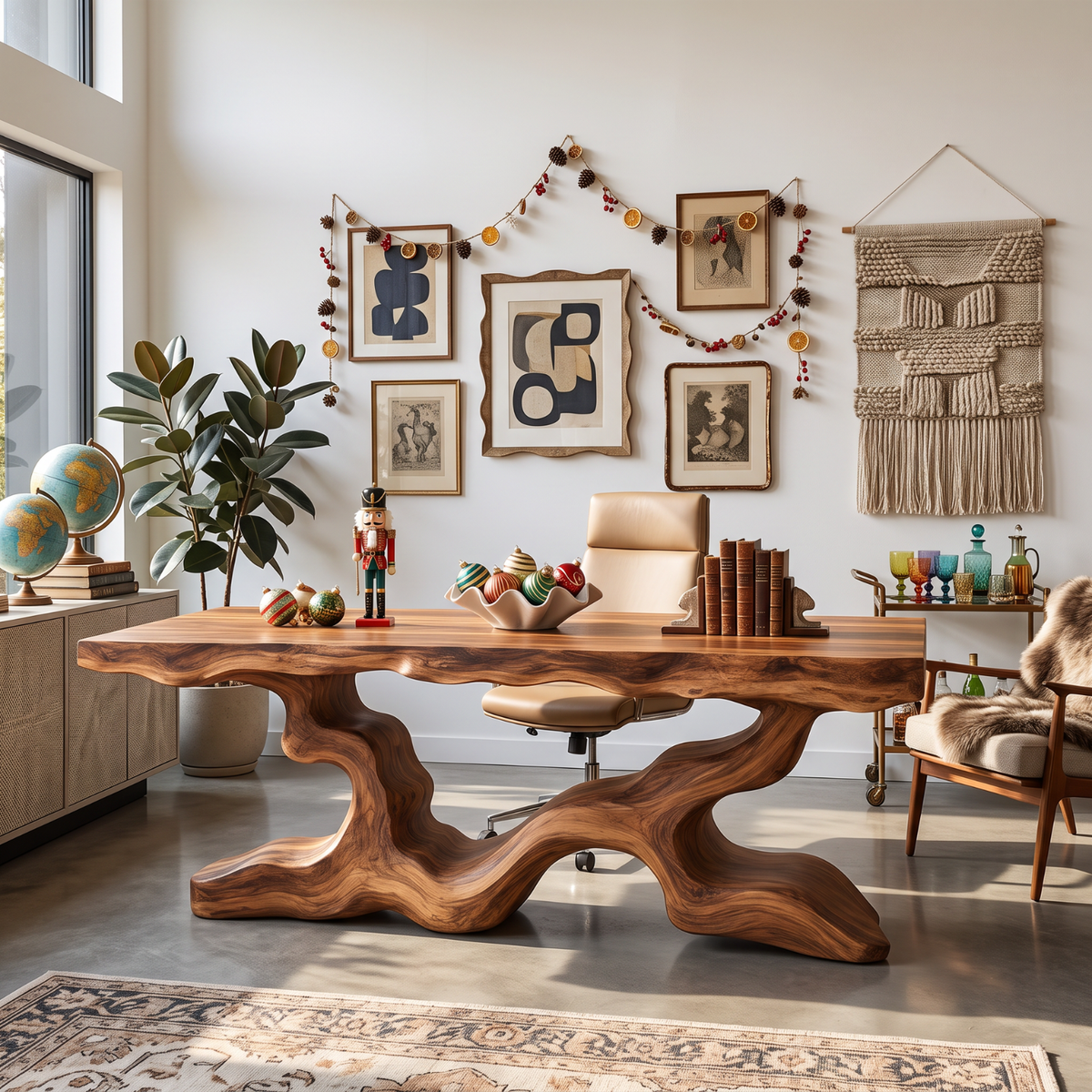 Sculptural Solid Wood Executive Desk with Organic Branch Base and Live Edge Top