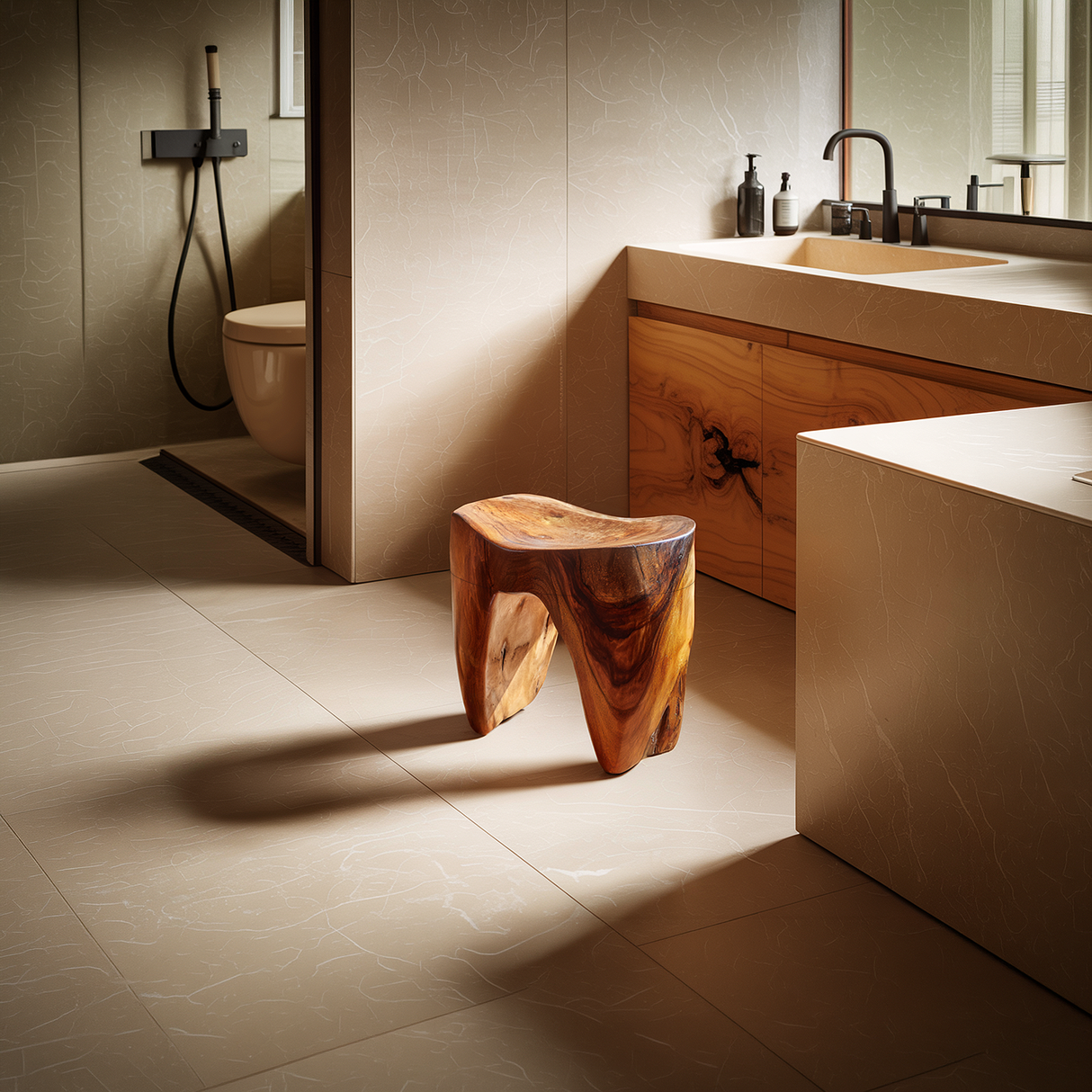 Monolithic Solid Wood Accent Stool for Modern Bath