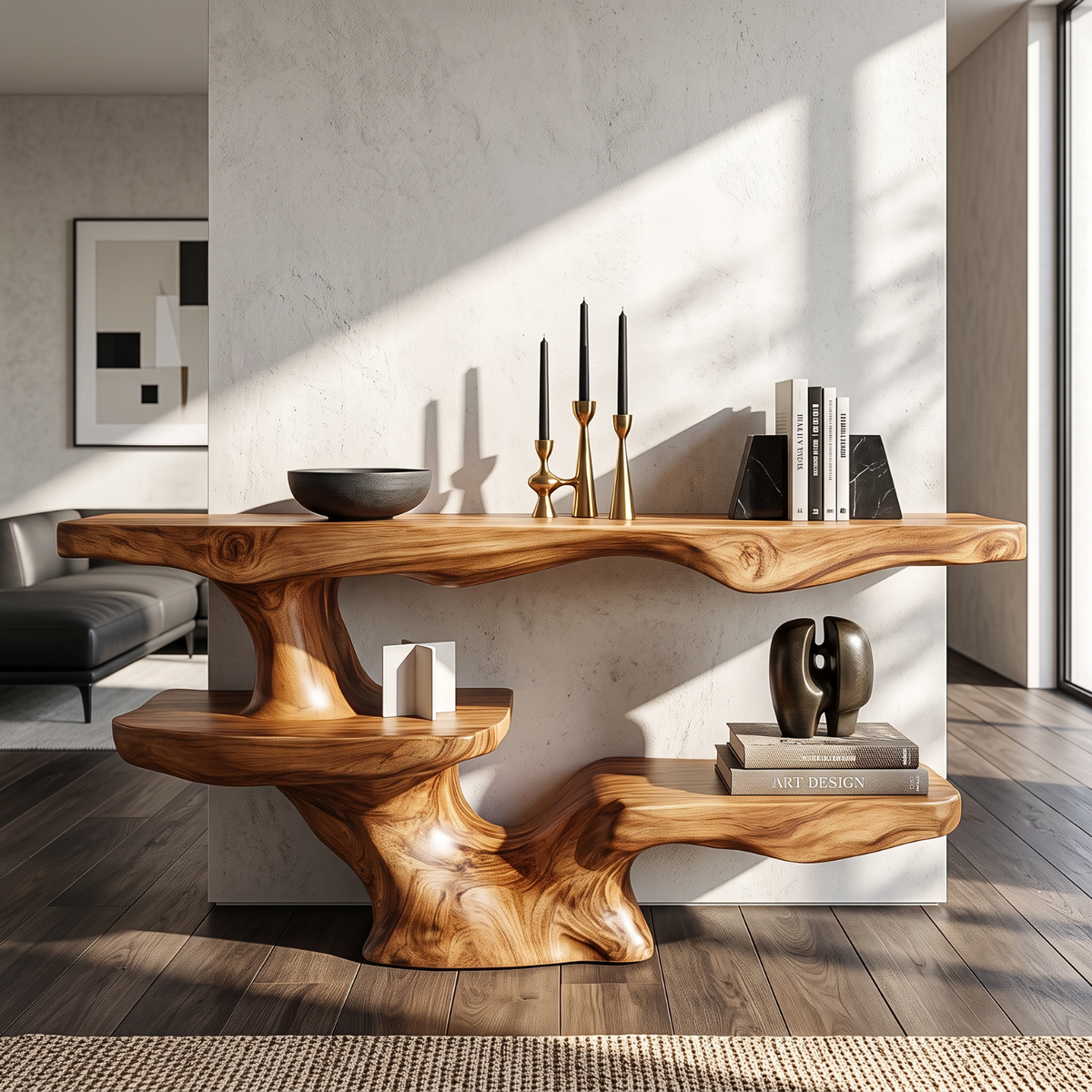 Solid Wood Console Table with Asymmetrical Floating Shelves and Sculptural Trunk Base