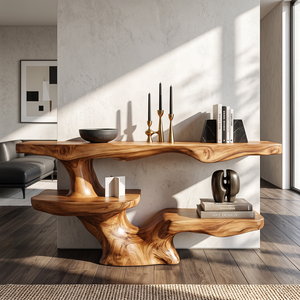 Solid Wood Console Table with Asymmetrical Floating Shelves and Sculptural Trunk Base