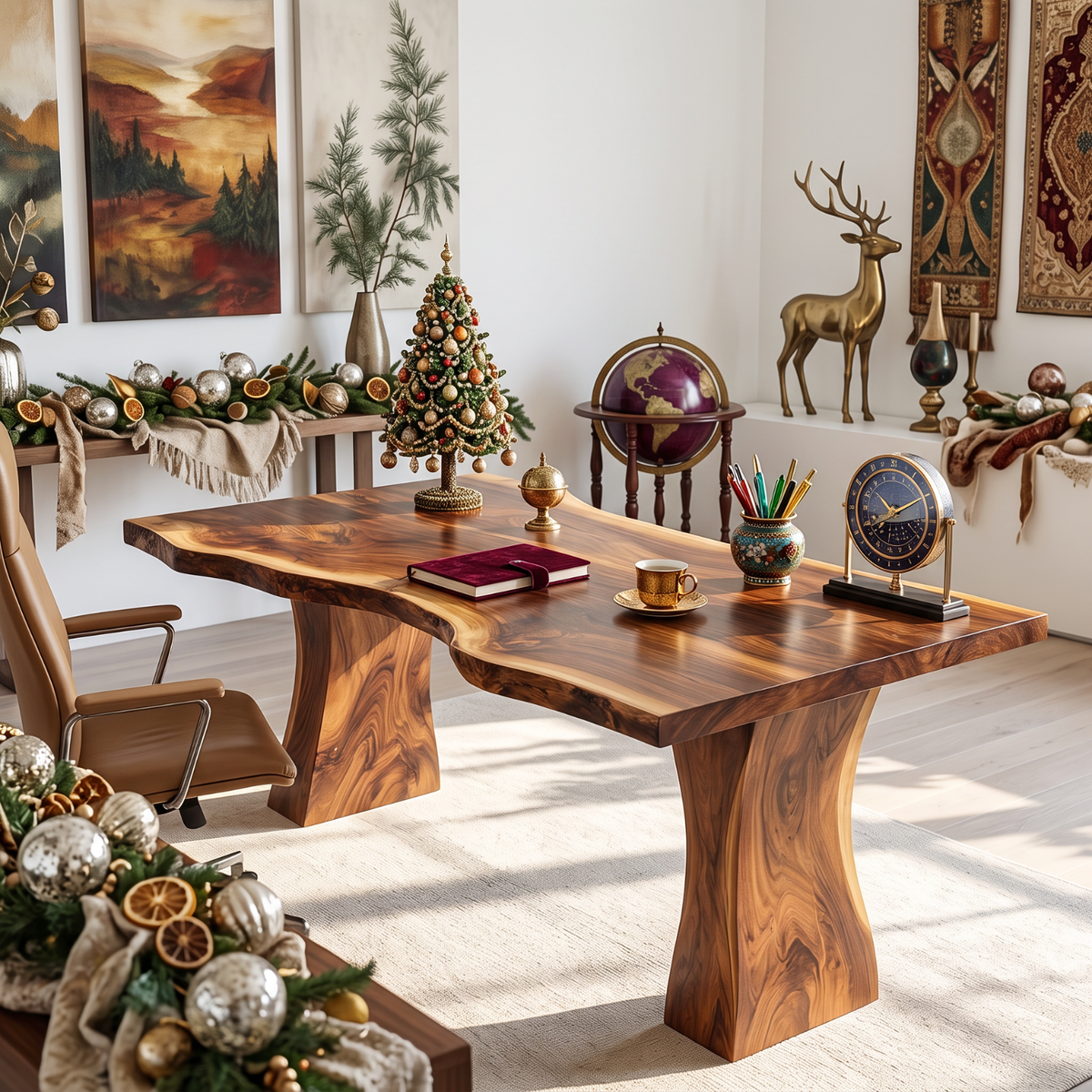 Handcrafted Live Edge Solid Wood Desk with Tapered Pedestal Legs