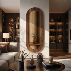 Arched Slatted Solid Wood Wall Panel with Floating Shelf