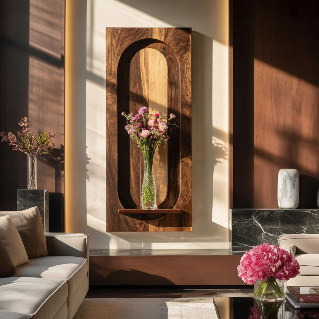 Arched Solid Wood Wall Panel with Floating Display Shelf