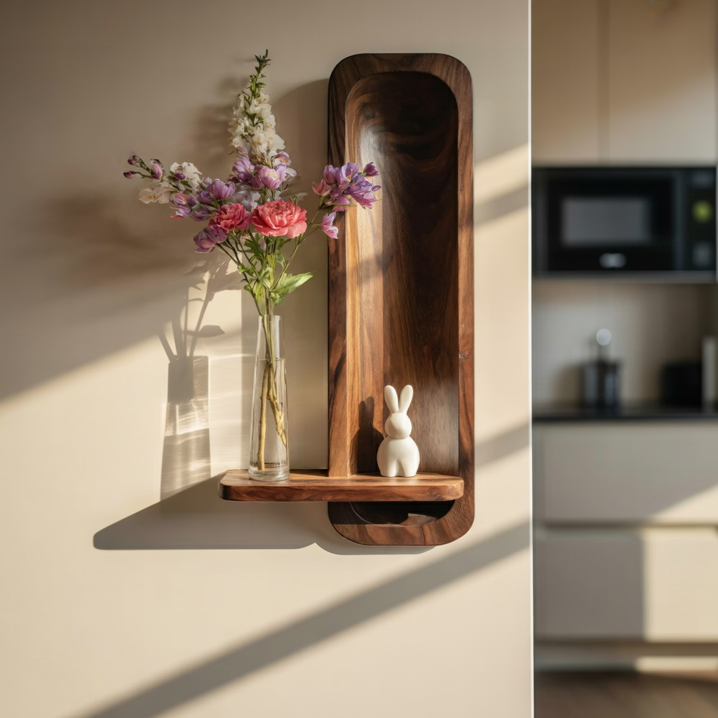 Minimalist Solid Wood Wall Niche Shelf with Sculpted Back Panel