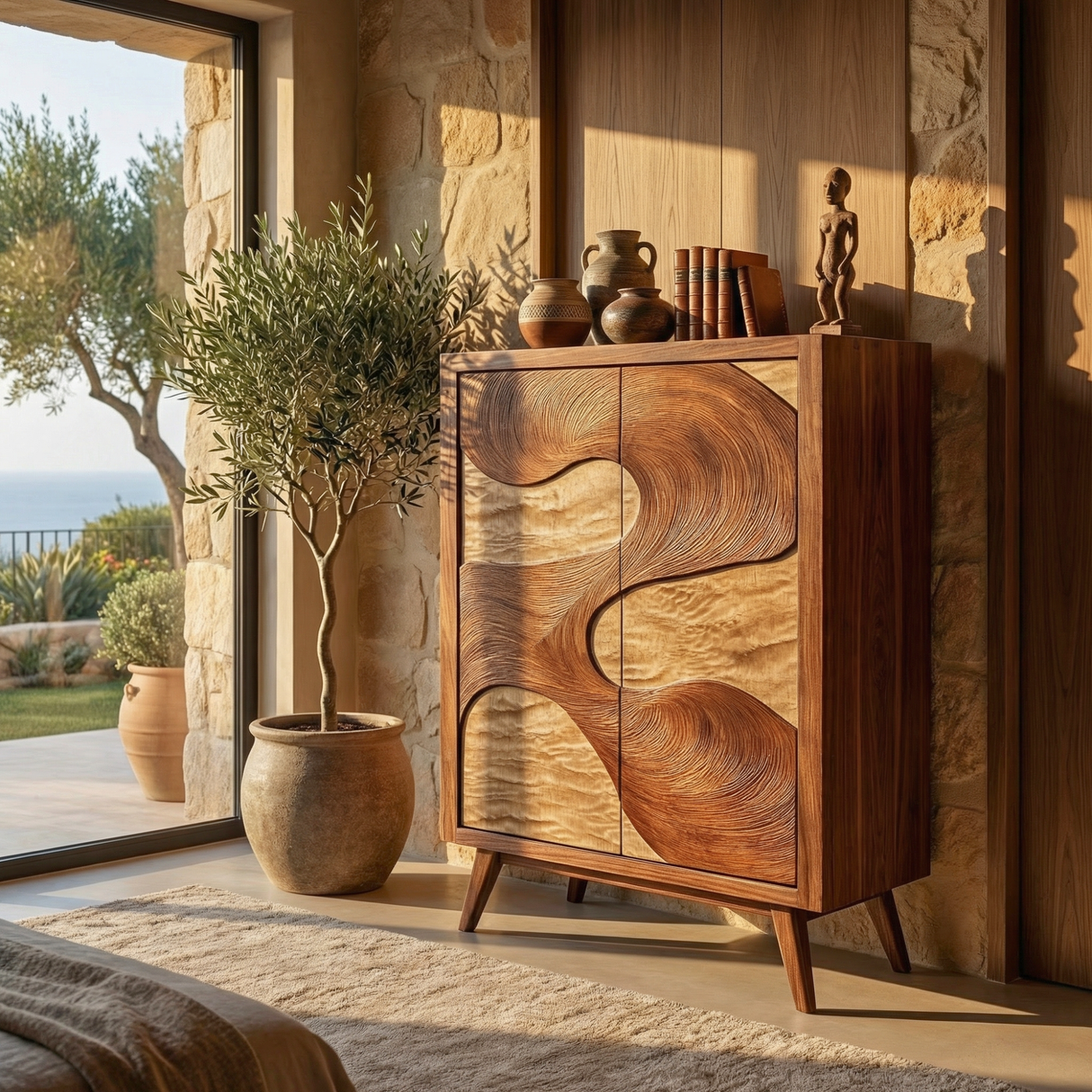 Solid Wood Sideboard with Organic River Flow Sculptural Doors for Contemporary Interiors
