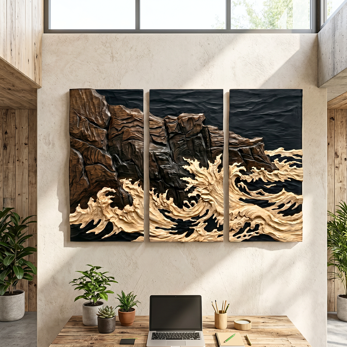 Hand-Carved Wood Triptych Wall Art with Ocean Wave Relief and Rocky Coast Design