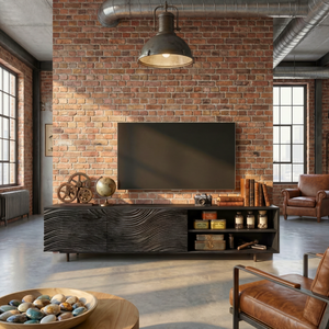 Sculptural Wood TV Cabinet with Carved Wave Front and Open Shelving, Modern Media Console.