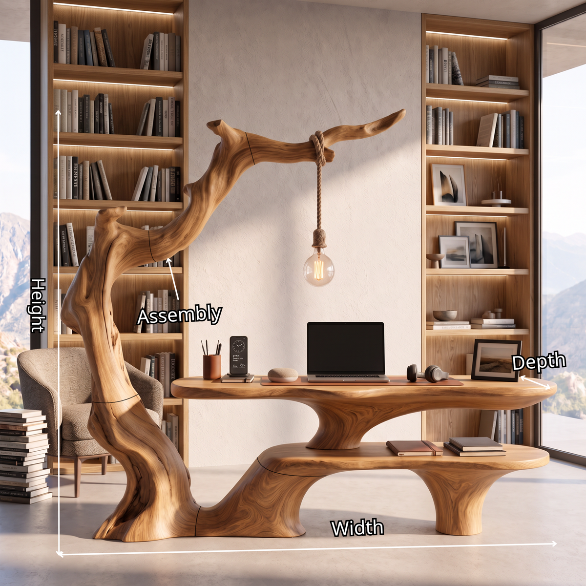 Sculptural Work Desk Tree Inspired Design with Hanging Lamp Organic Modern Workspace Table