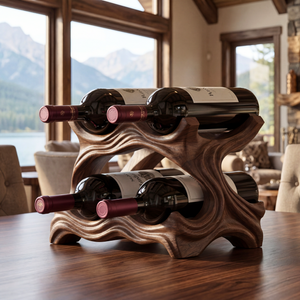 Sculptural Solid Wood Wine Rack Organic Carved Bottle Holder Modern Tabletop Display