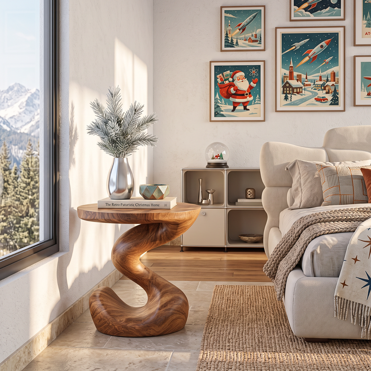Sculptural Solid Wood Side Table with Flowing S Curve Base