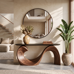 Console Table Solid Wood with Sculptural Wave Loop Base and Dark Top