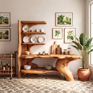 Organic Sculptural Solid Wood Console Table with Asymmetrical Shelving Artistic Freeform Console Table