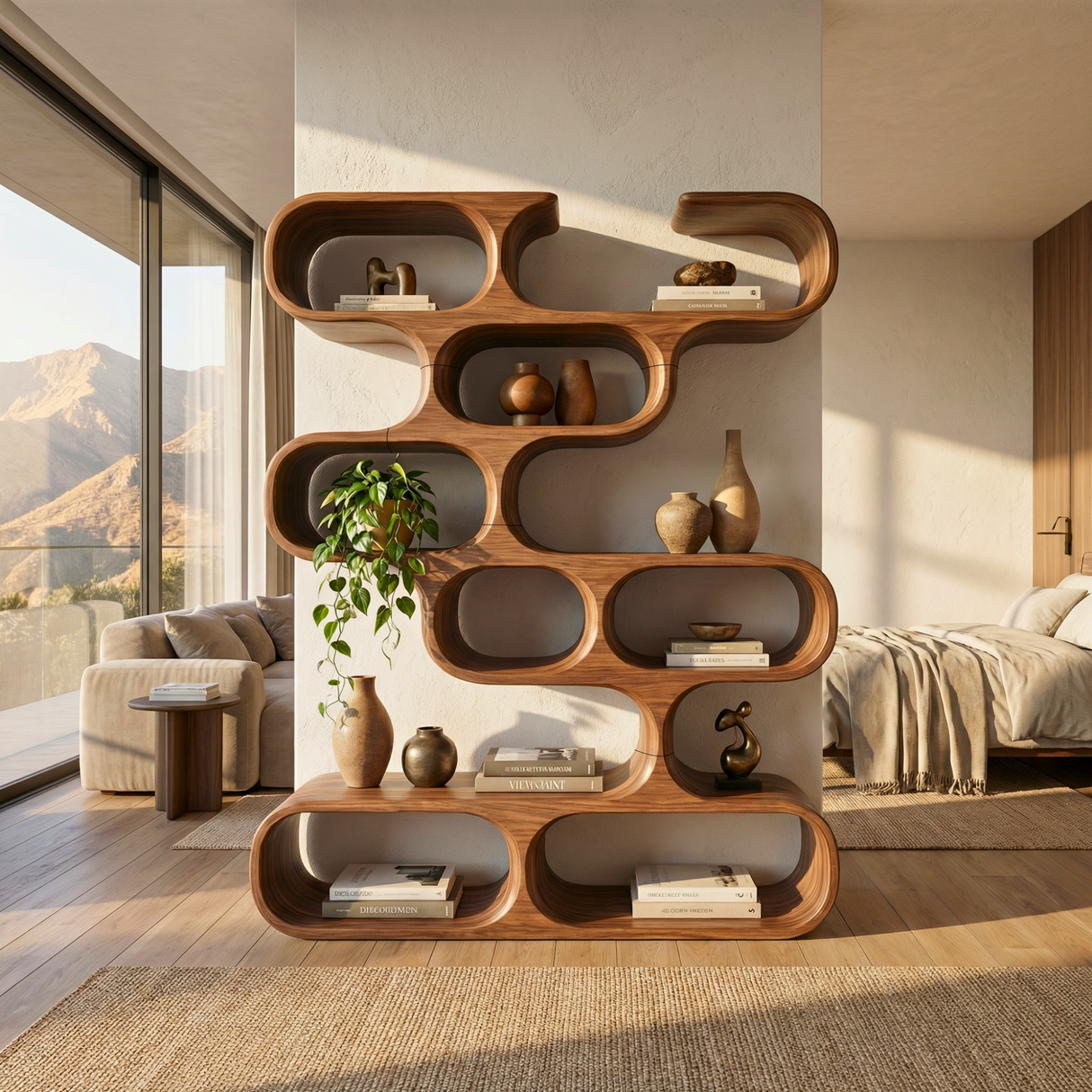 Handcrafted Solid Wood Organic Bookcase with Curved Open Display Shelves