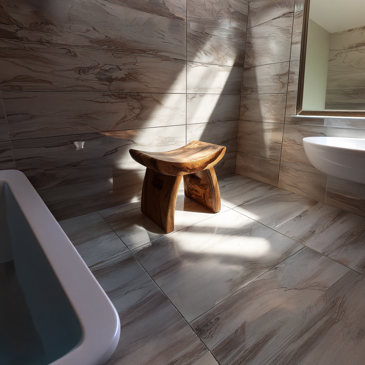 Curved Solid Wood Bath Bench in Organic Modern Style