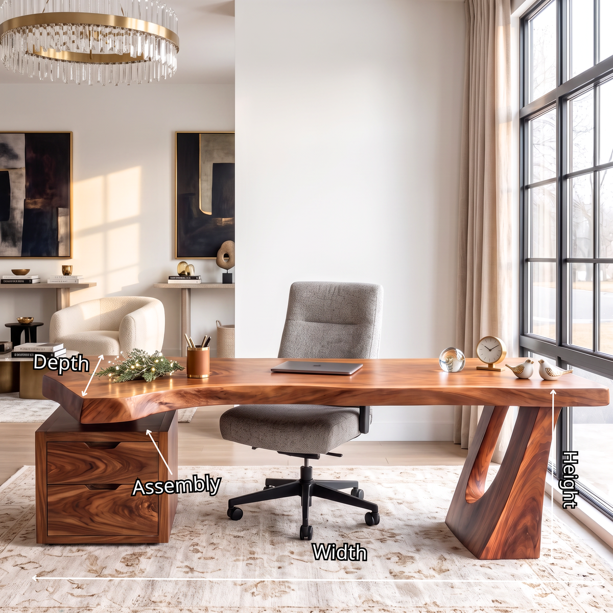 Sculptural Solid Wood Desk With Drawer Cabinet For Home Office